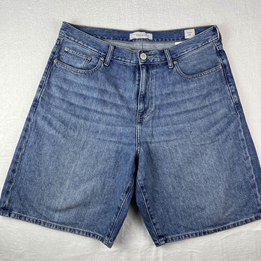 Pacsun Baggy Shorts Mens 33 Blue Denim Medium Wash Flat Front Outdoor Casual